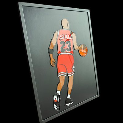 Cuadro en relieve 3D exclusivo de Michael Jordan saltando para encestar, ideal para fanáticos del baloncesto